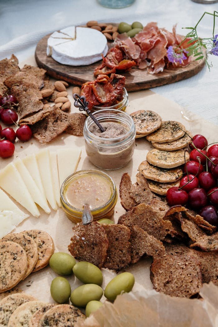 A delectable spread featuring cheese, cured meats, olives, and fresh cherries perfect for a picnic or brunch.