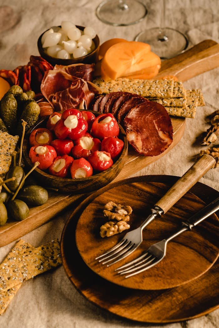 A gourmet charcuterie board featuring cured meats, cheeses, and various appetizers for a perfect dining experience.
